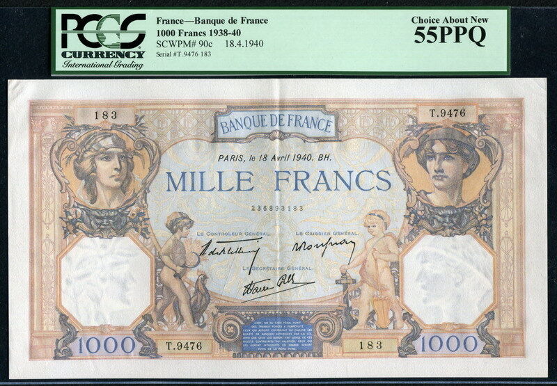 프랑스 France 1938-1940, 1000 Francs, P90c, PCGS 55 PPQ 준미사용